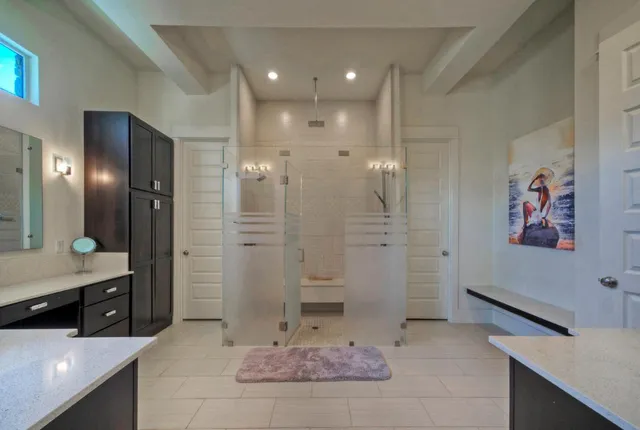 a spacious bathroom with a shower