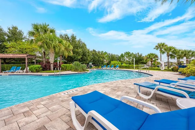 a view of a park with large trees