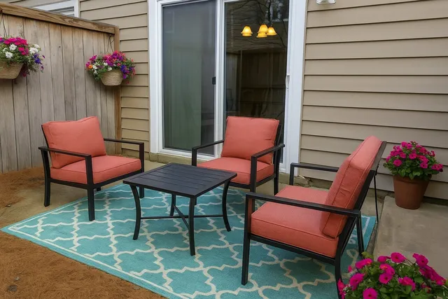 a front view of a house with patio
