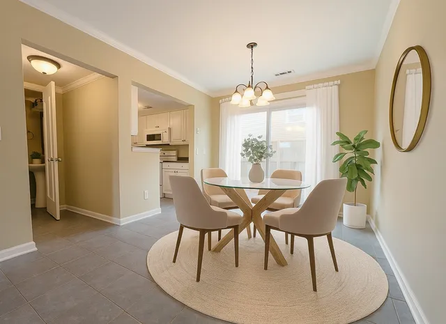 a dining room with furniture a chandelier and wooden floor