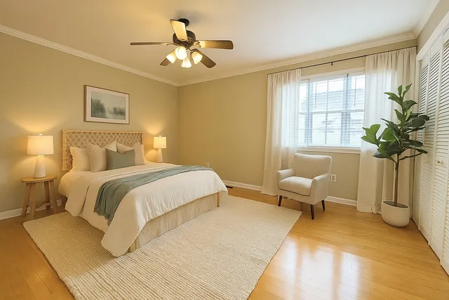 a bedroom with a bed and dresser with wooden floor