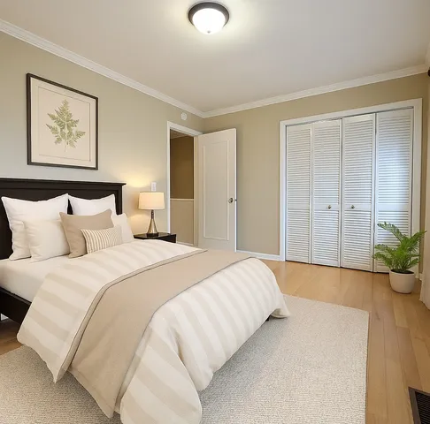 a bedroom with bed and paintings on the wall