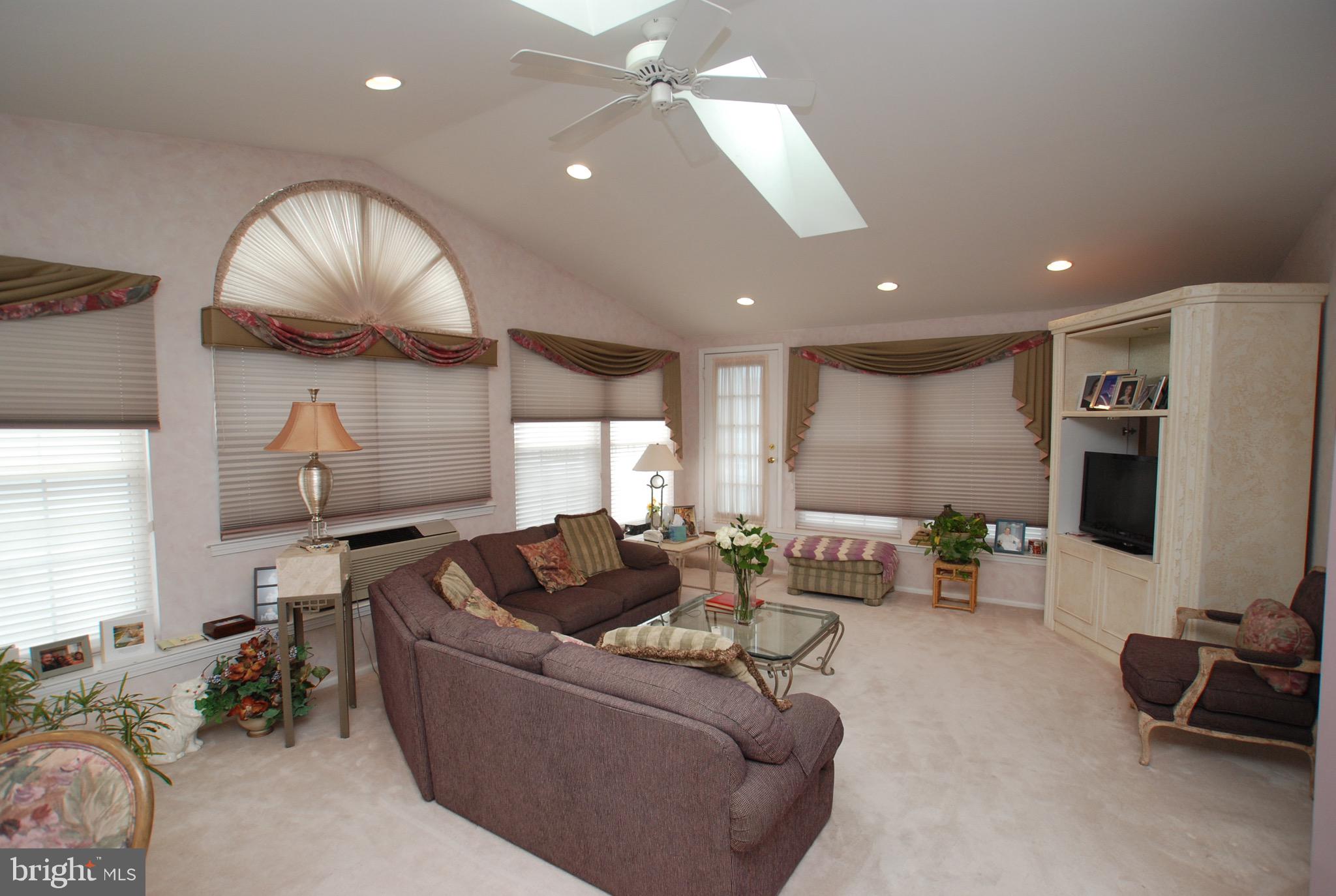 Living Rm with vaulted ceilings and skylights