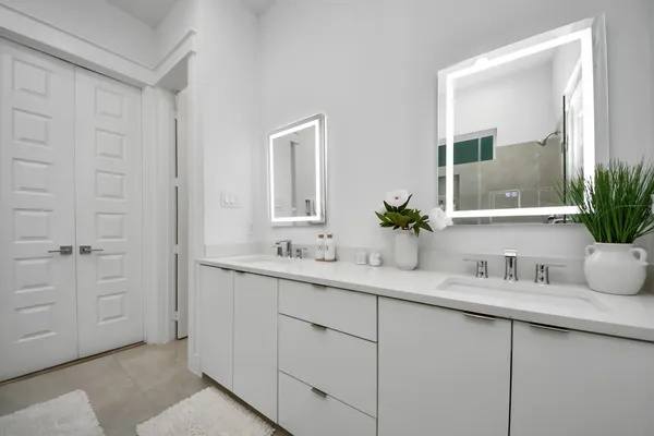a bathroom with a sink a potted plant and a mirror