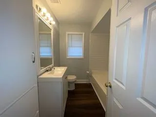 a bathroom with a sink a toilet and a mirror