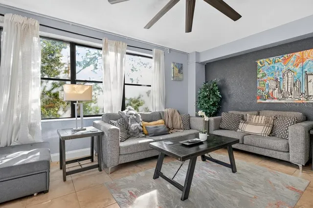 a living room with furniture and a large window