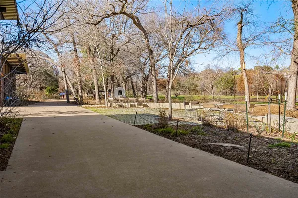 a view of a park with large trees