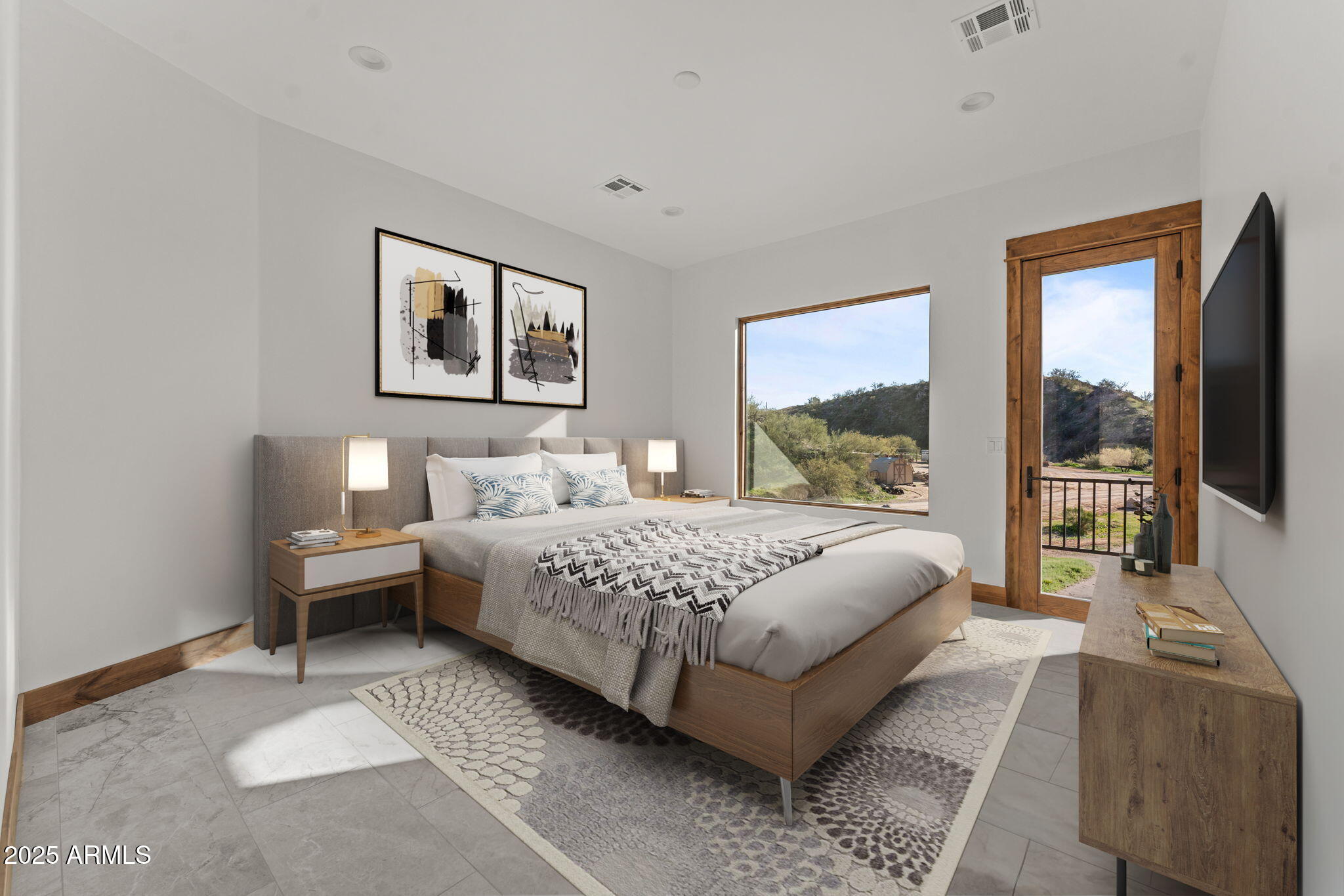 30100 Walter Road Wickenburg, AZ 85390 - Photo 38 of 66 a bedroom with a large bed and a balcony view