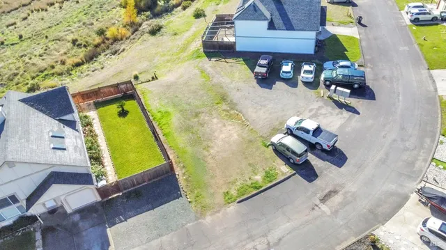 an aerial view of a swimming pool