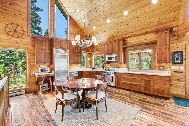 1782 Pine Loop Road Coalville, UT 84017 - Photo 11 of 52 Vaulted wood-paneled ceiling, wood-finish flooring, custom wood cabinetry, stainless steel appliances, and large picture windows