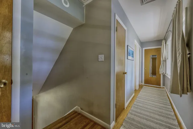 a view of hallway with wooden floor