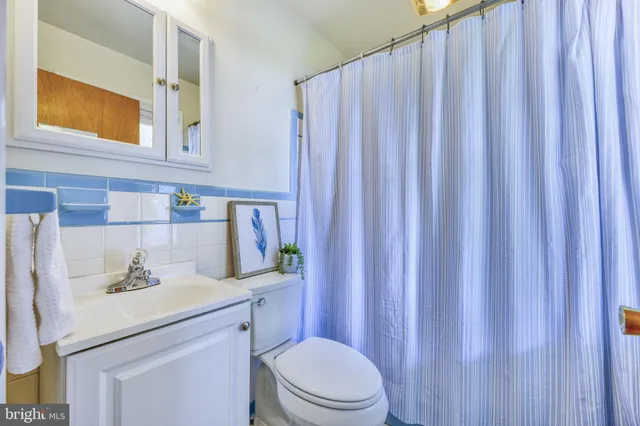 a bathroom with a sink a toilet and shower curtain