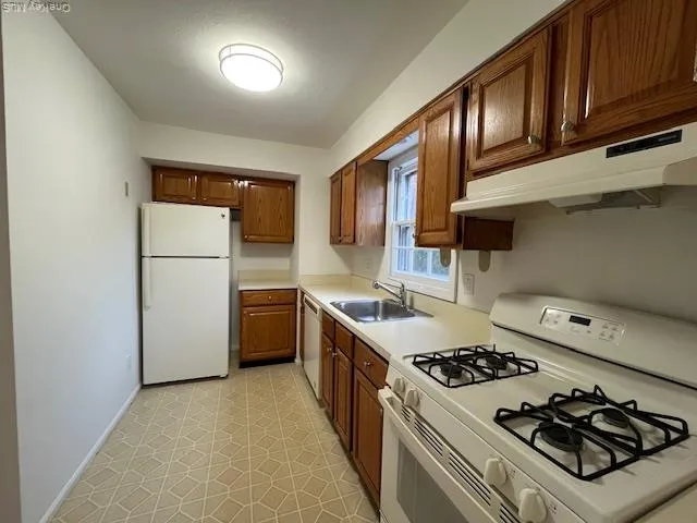 a kitchen with a stove a refrigerator and wooden cabinets