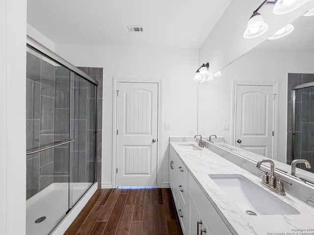 a bathroom with a sink a mirror and a shower