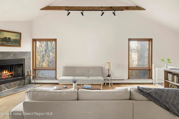 a living room with furniture and a fireplace