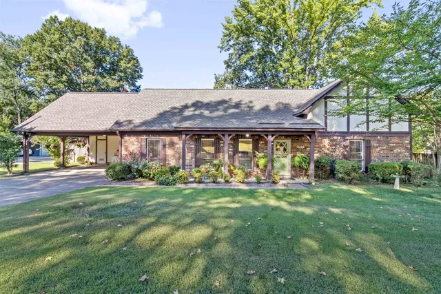 a view of a house with a big yard potted plants and large tree