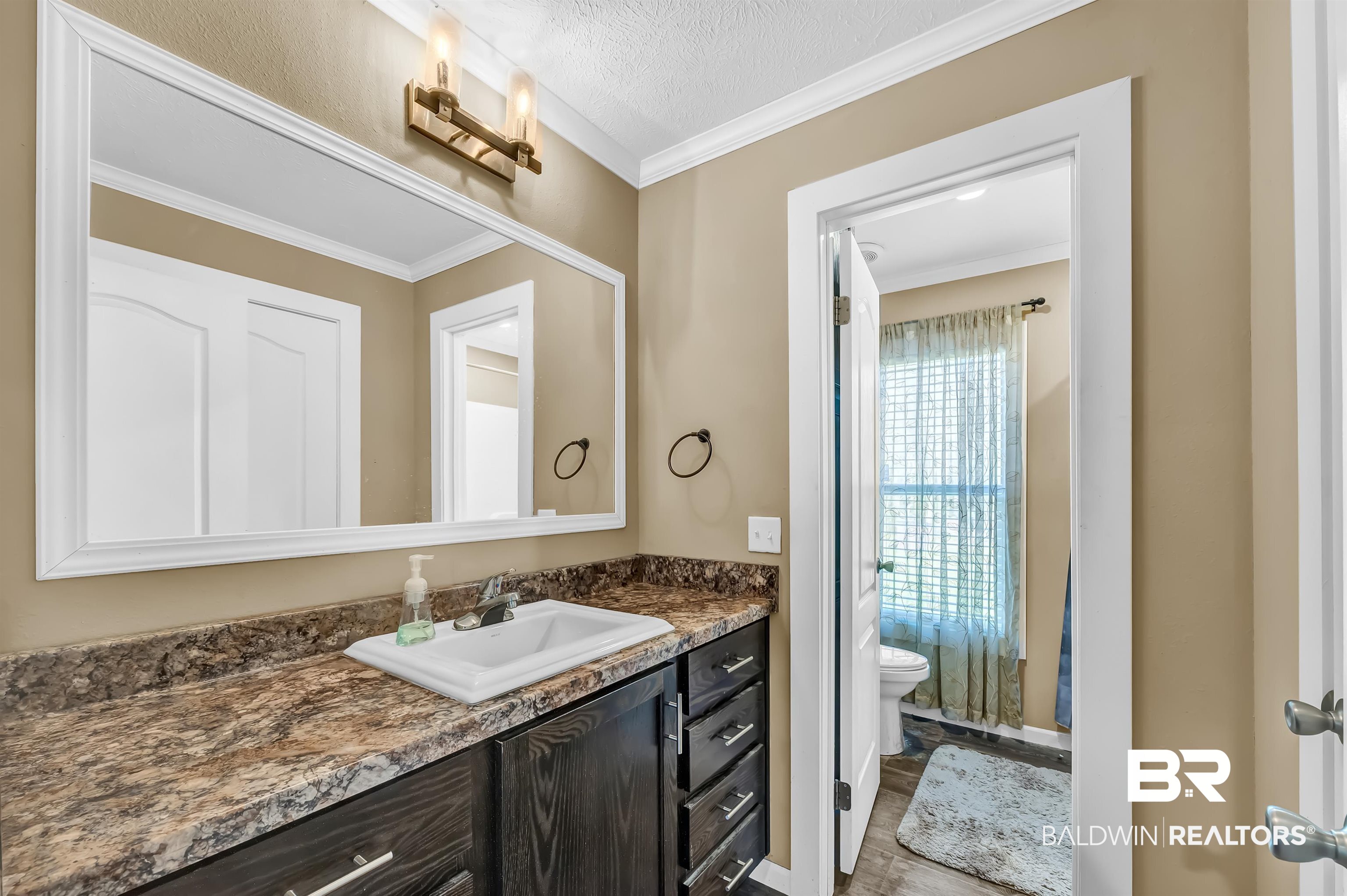 23233 Forland Road Silverhill, AL 36576 - Photo 26 of 33 Bathroom with toilet, ornamental molding, vanity, and a textured ceiling
