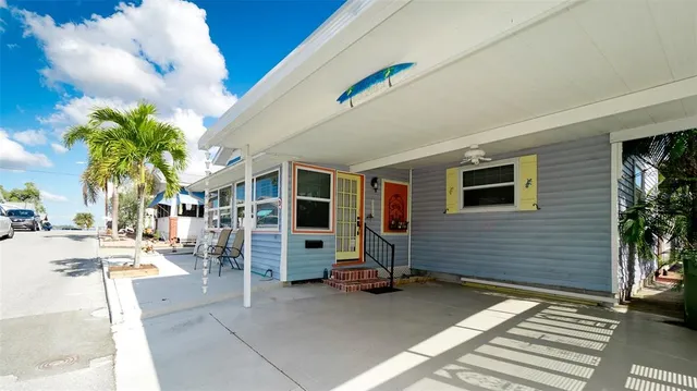 a view of a building with sitting area