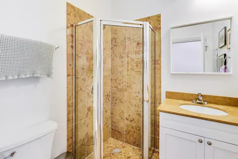 a bathroom with a shower a sink and a mirror