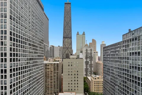 a city view with tall buildings