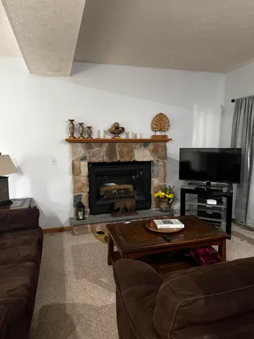 a living room with furniture a flat screen tv and a fireplace