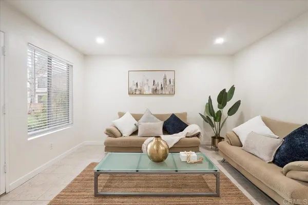 a living room with furniture and a potted plant