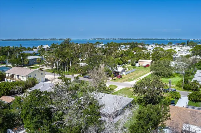 an aerial view of residential houses with outdoor space and trees