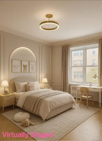 a bedroom with a bed and a large window