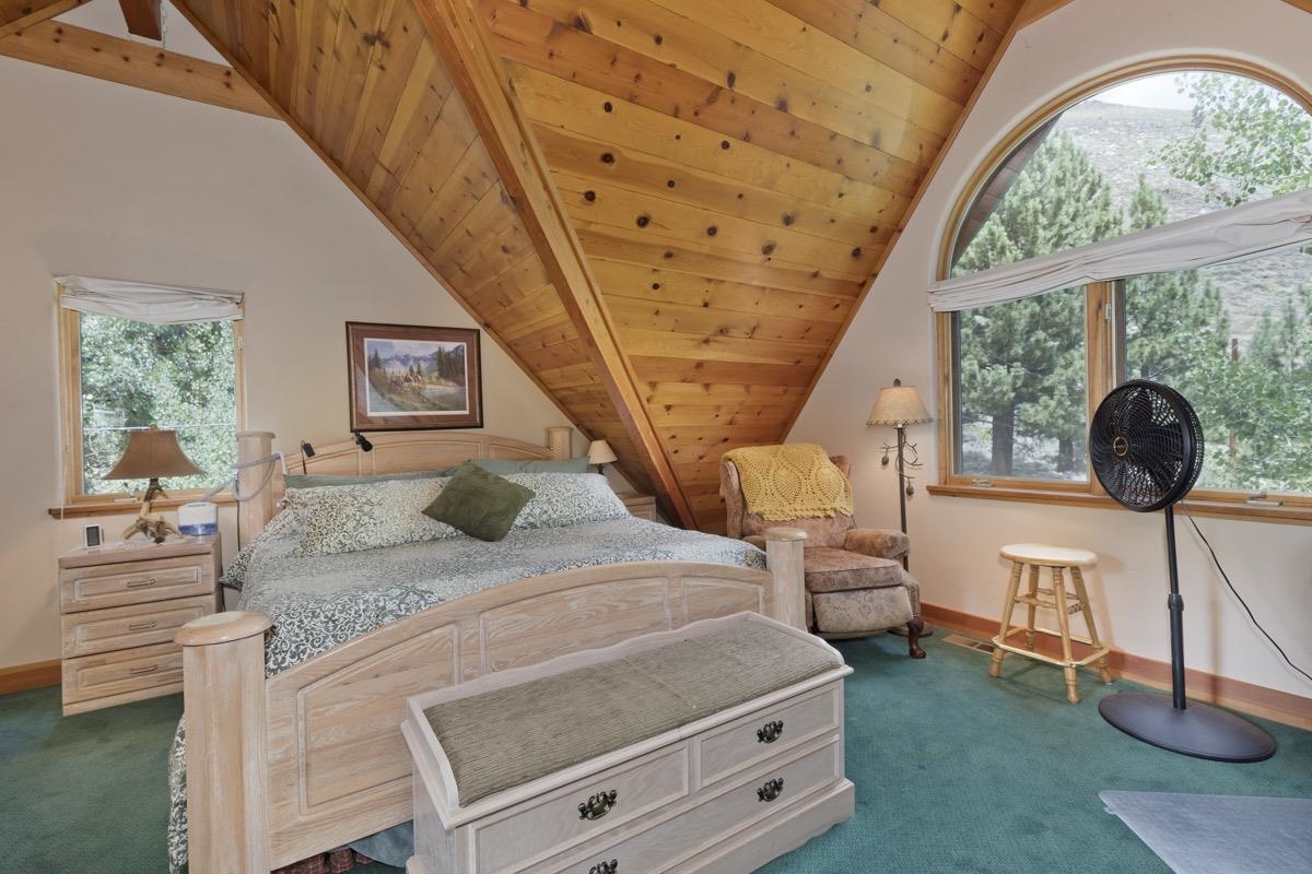 11650 Twin Lakes Road Bridgeport, CA 93517 - Photo 21 of 39 Bedroom with wooden ceiling, vaulted ceiling, and dark carpet