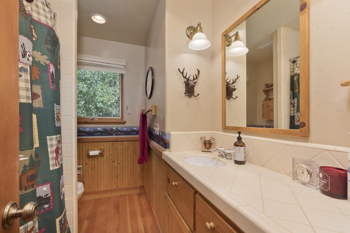 11650 Twin Lakes Road Bridgeport, CA 93517 - Photo 30 of 39 Full bathroom with a wainscoted wall, wood finished floors, vanity, water heater, and wood walls