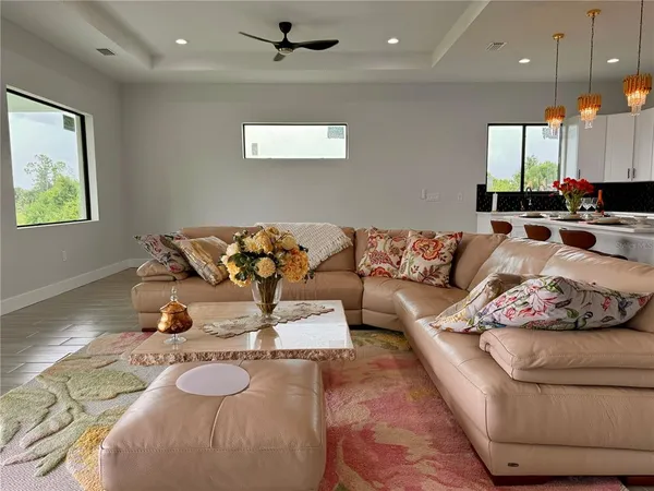 a living room with furniture and a large window