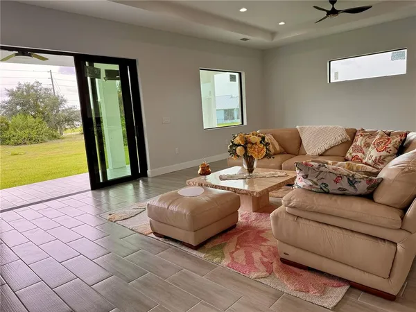 a living room with furniture and a large window