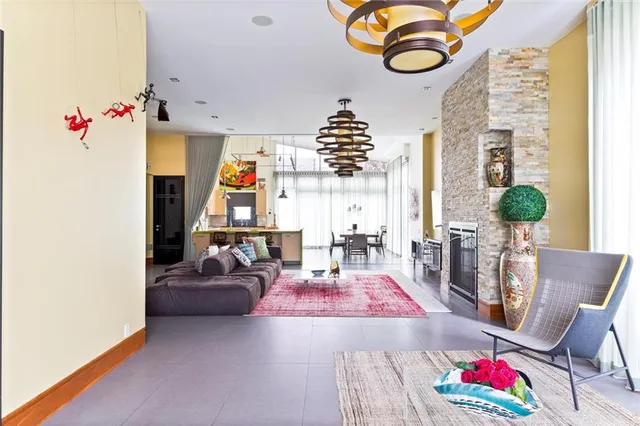 a living room with furniture and a table