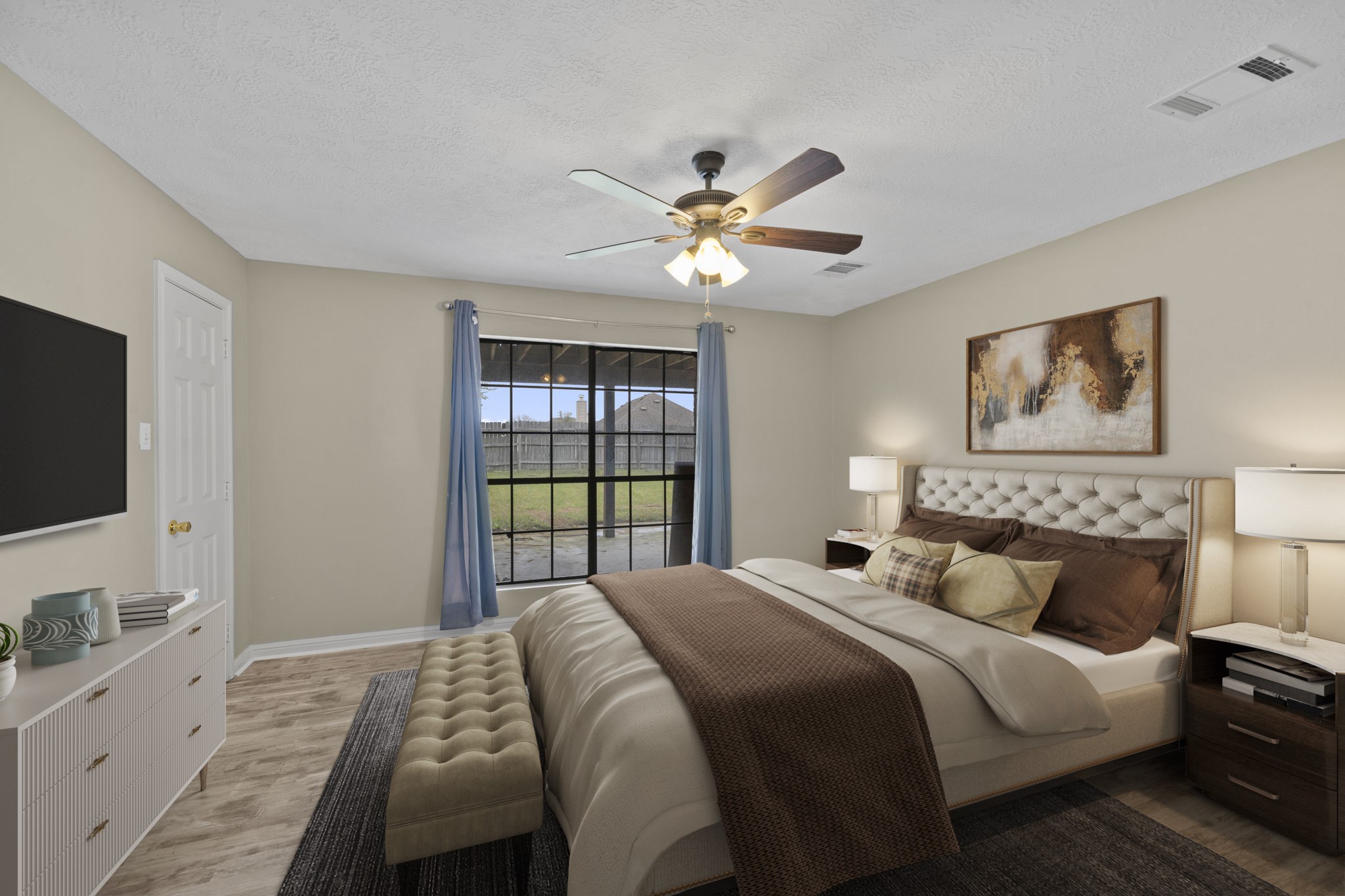 169 April Cove Montgomery, TX 77356 - Photo 6 of 39 Virtually Staged: This lovely secondary bedroom features neutral paint, tile floors, a dark-wood stained ceiling fan, and a built-in closet.