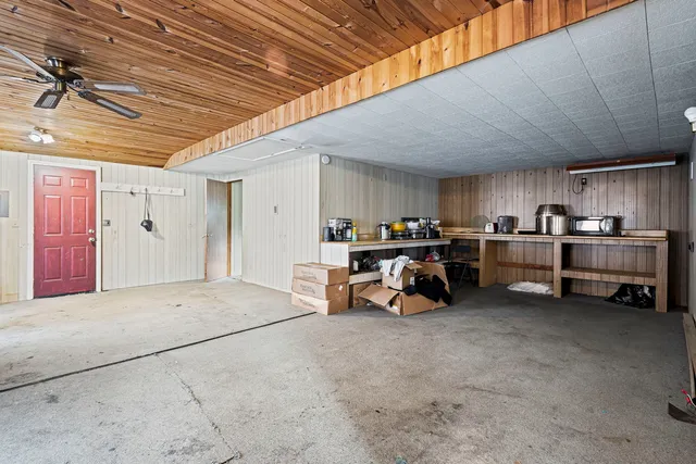 a view of a garage with storage