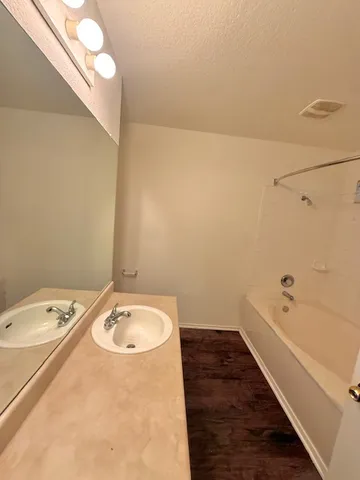 a bathroom with a tub sink and vanity