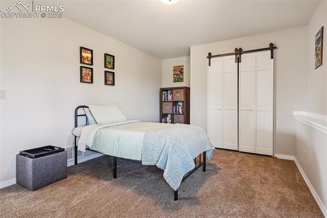 14425 Granby Road Colorado Springs, CO 80921 - Photo 37 of 45 Carpeted bedroom featuring a barn door, a closet, and baseboards