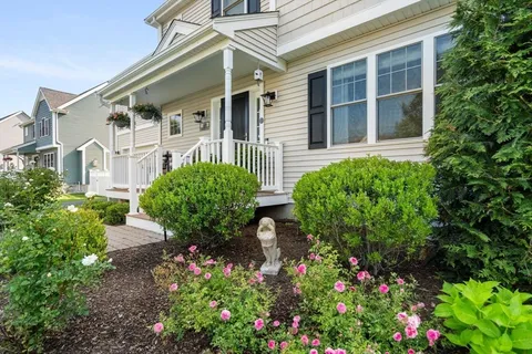 a view of a house with large windows and flower plants