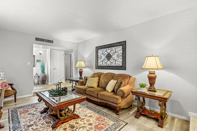 a living room with furniture and a rug