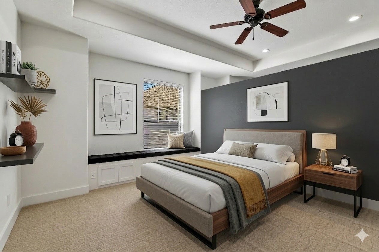 4231 Allen Street Houston, TX 77007 - Photo 23 of 31 a bedroom with a bed and a chandelier