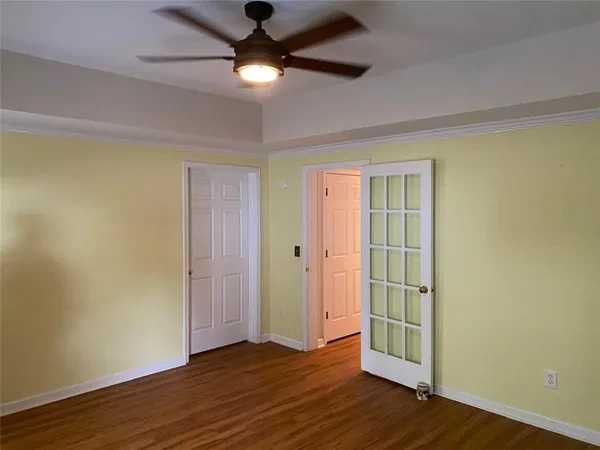 a workspace with furniture and wooden floor