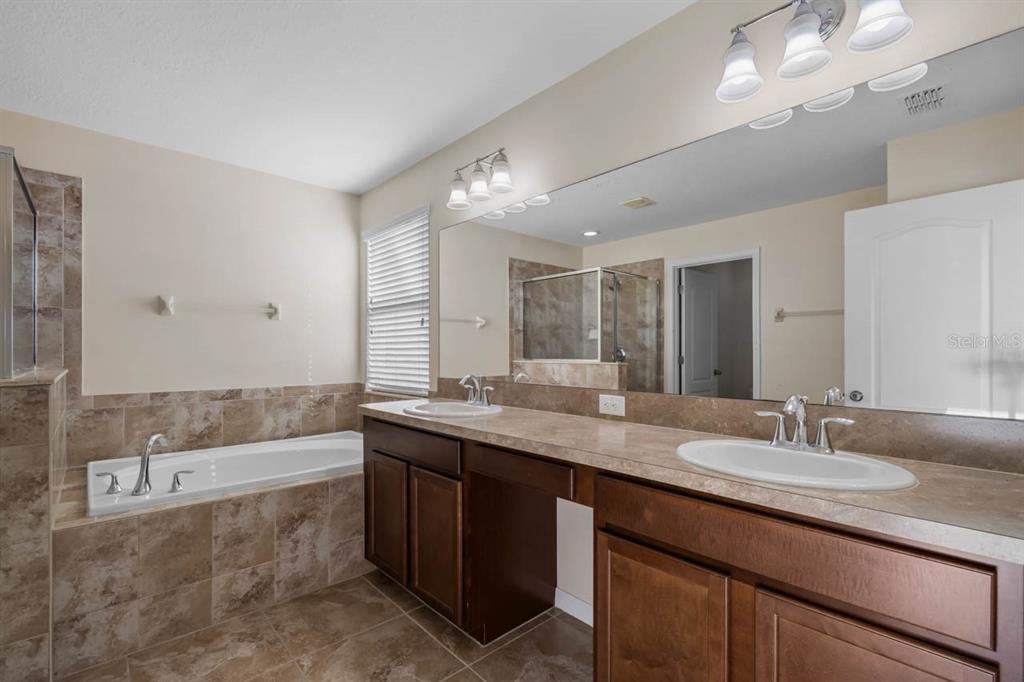 1504 Oak Pond Street Ruskin, FL 33570 - Photo 29 of 76 a bathroom with a granite countertop sink a large mirror and a bathtub