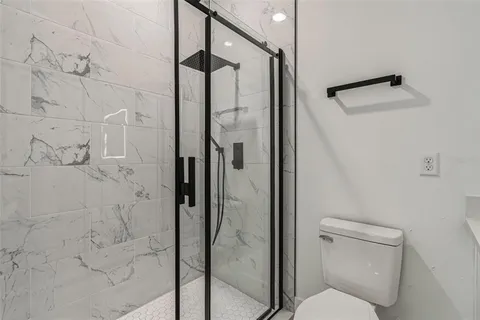 a bathroom with a shower and toilet