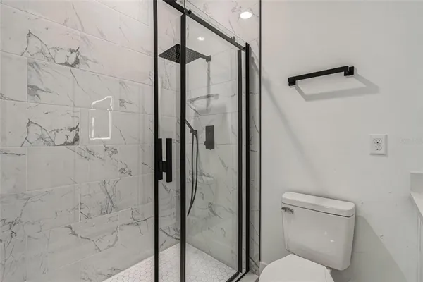 a bathroom with a shower and toilet