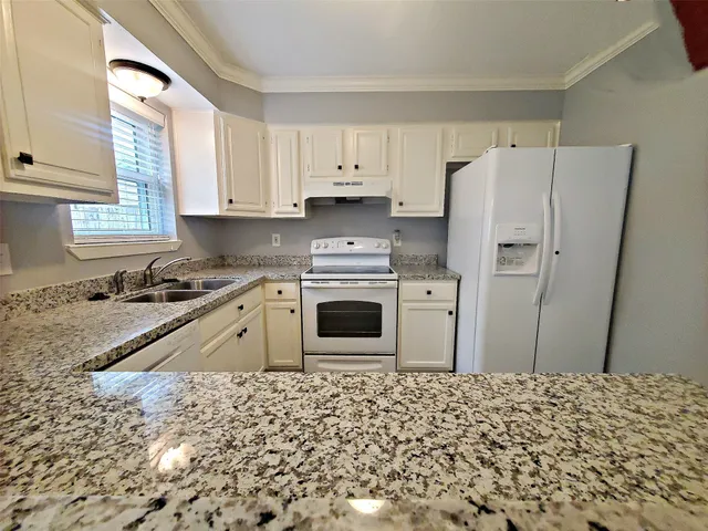 a kitchen with a stove a refrigerator and cabinets
