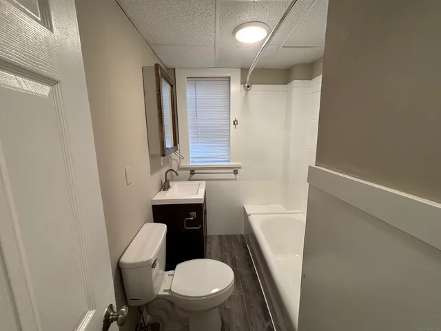 a bathroom with a sink a toilet a mirror and vanity
