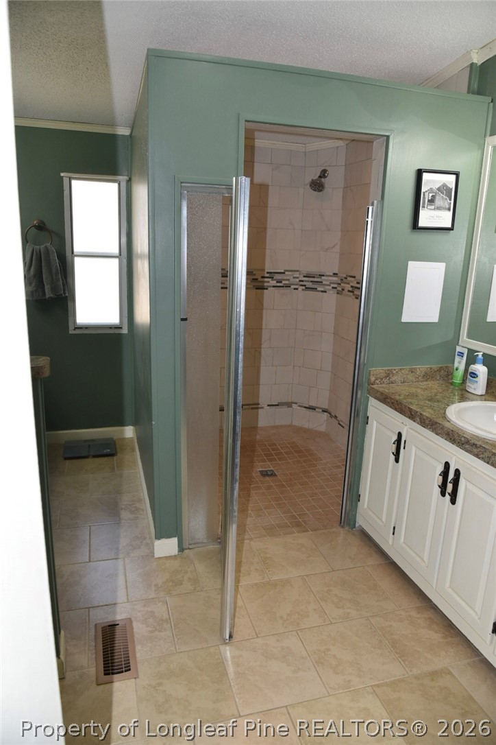 780 Old River Road Carthage, NC 28327 - Photo 13 of 28 a bathroom with a granite countertop sink a mirror and a shower