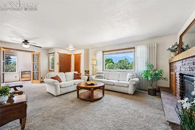 a living room with a fireplace and a potted plant