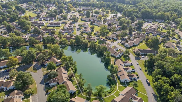 an aerial view of residential houses with outdoor space and trees