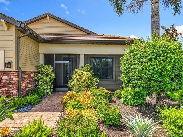 a view of a house with potted plants and a large tree